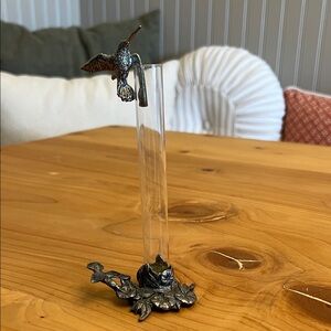Vintage Metzke Hummingbird Glass Bud Vase with Metal Base